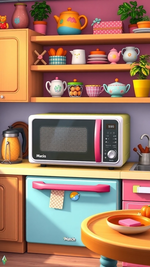 Maxis Match microwave in a colorful Sims 4 kitchen with various appliances and decor.